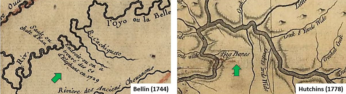 Early maps of the Ohio River region showing notations of elephant bones (Bellin, 1744) and big bones (Hutchins, 1778). Portion of Bellin’s map from the U.S. Library of Congress Geography and Map Division. Hutchins’s (1778) map redrafted by Mitchell (1935) in Jillson (1936).